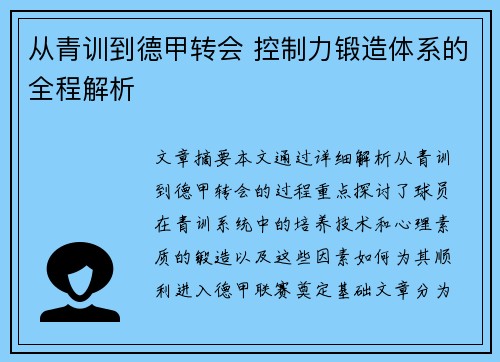 从青训到德甲转会 控制力锻造体系的全程解析