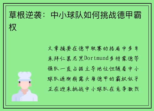草根逆袭：中小球队如何挑战德甲霸权